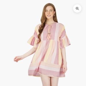 AMERICA & BEYOND NOAH STRIPE TUNIC DRESS Rainbow Stripe Cover UP size L shimmer